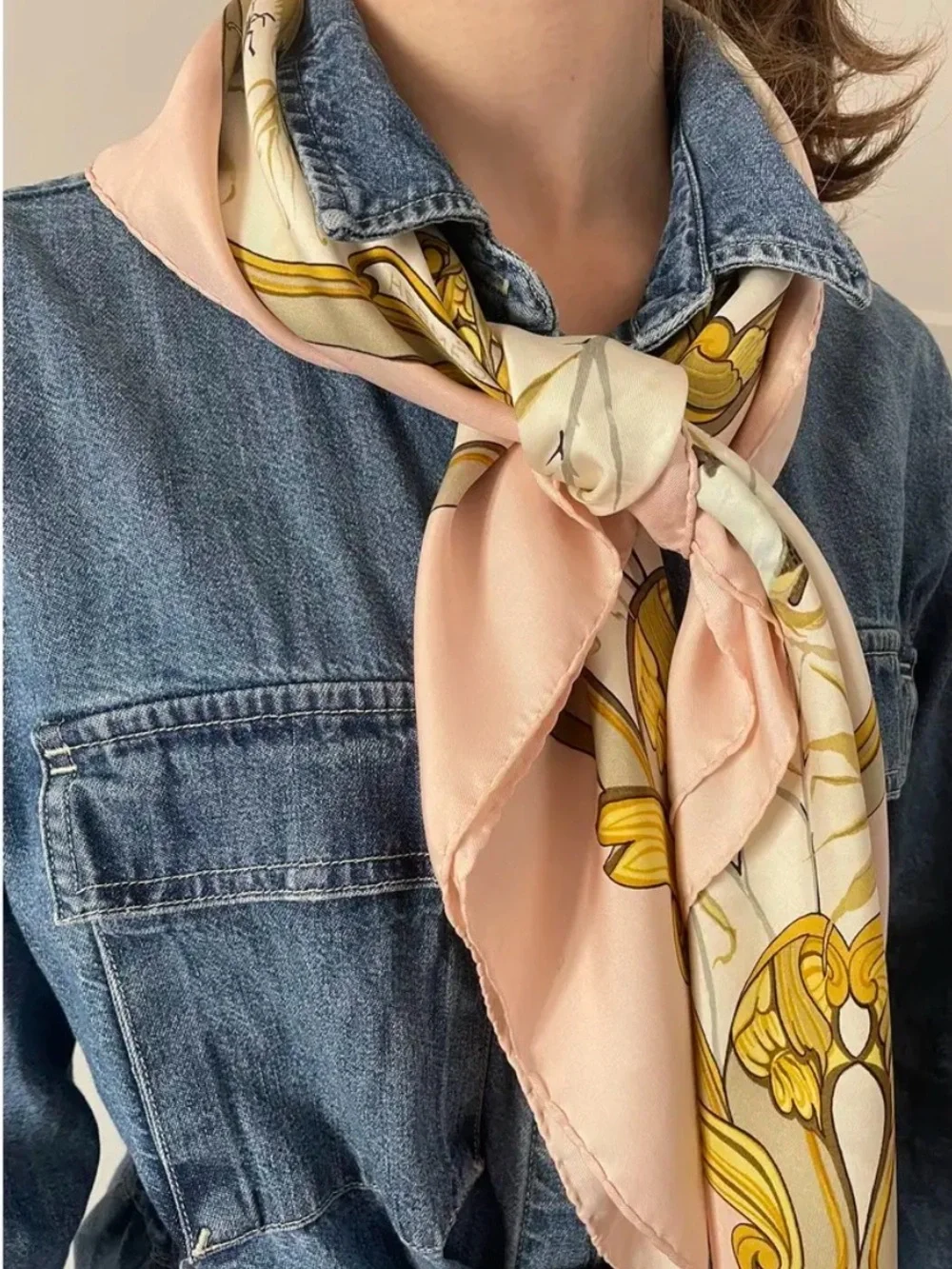 Hermes Silk Scarf in Pale Pink, Gold, White